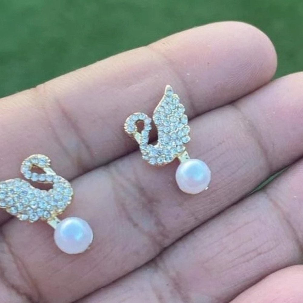 Iconic Swan White Pearls and Cubic Zirconia Gold Stud Earrings- 3 for $30 deal